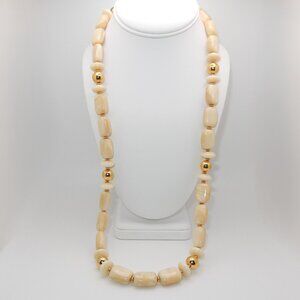 Vintage Beaded Necklace / Napier / Ivory & Gold Beads / 30" L / Fold-Over Clasp